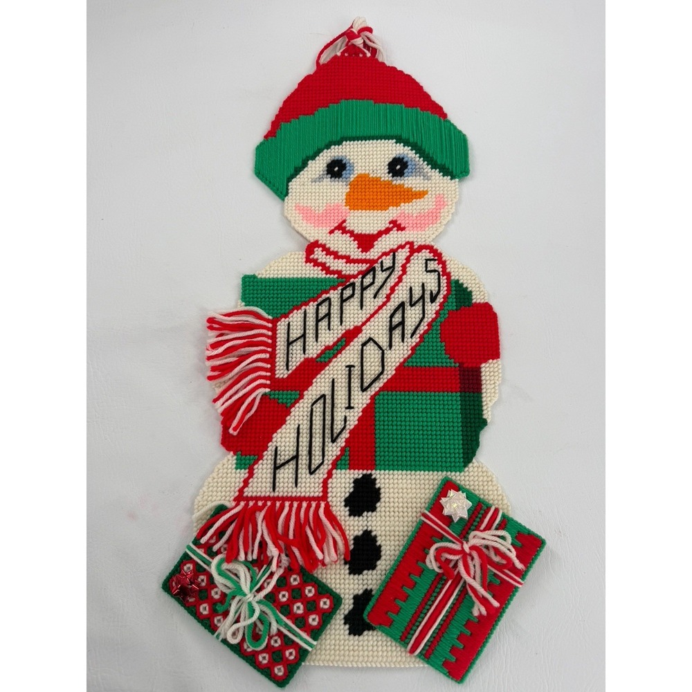 Vintage Handmade Needlepoint Snowman Happy Holidays Christmas Wall Hanging 23"